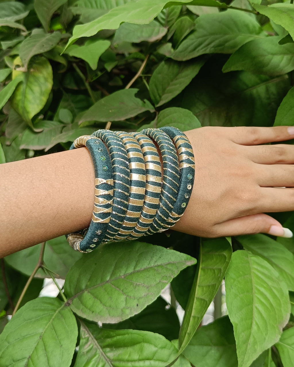 Forest Grace Handmade Cotton Thread Bangle Set for Women | Dark Green & Gold Bangles