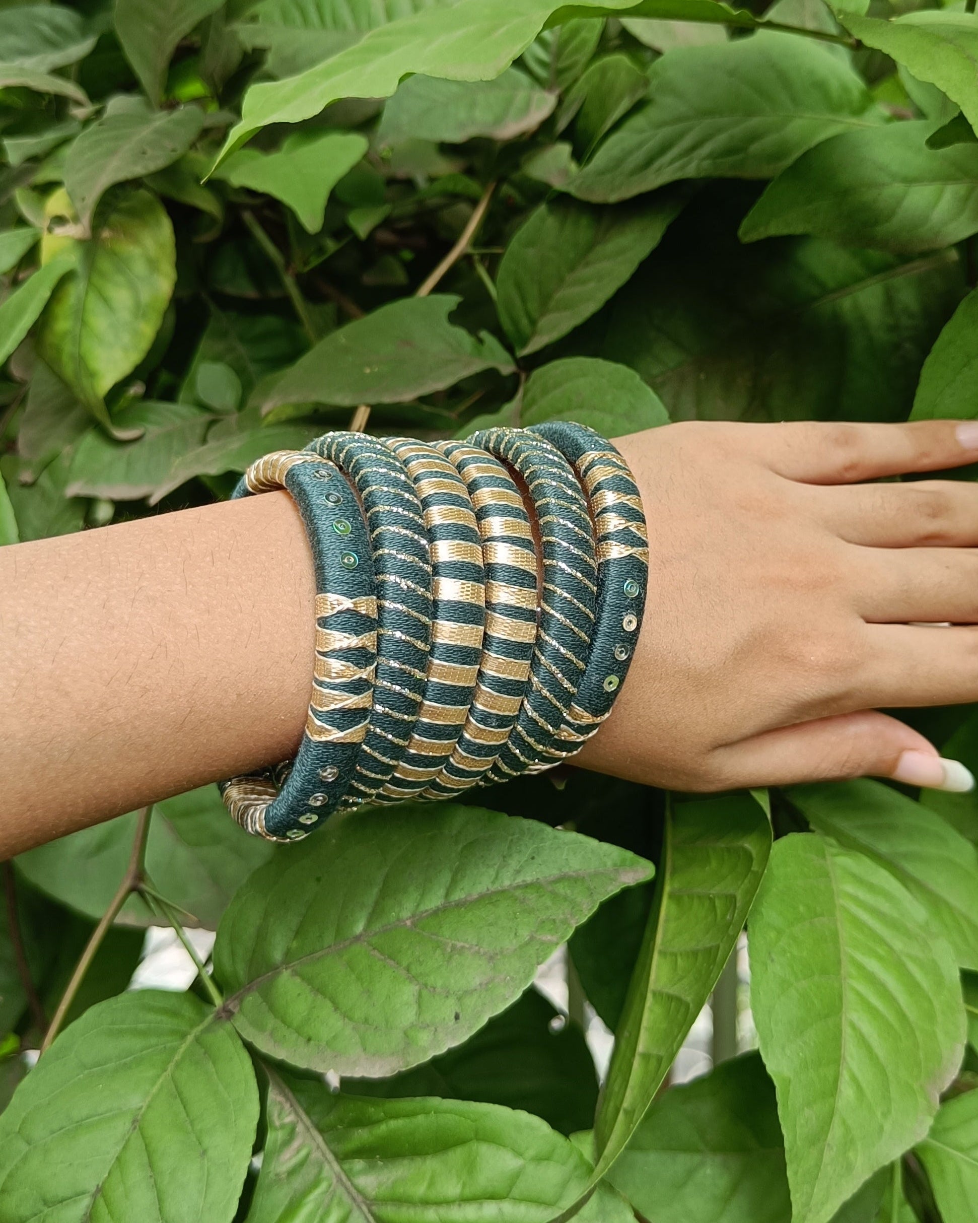 Forest Grace Handmade Cotton Thread Bangle Set for Women | Dark Green & Gold Bangles