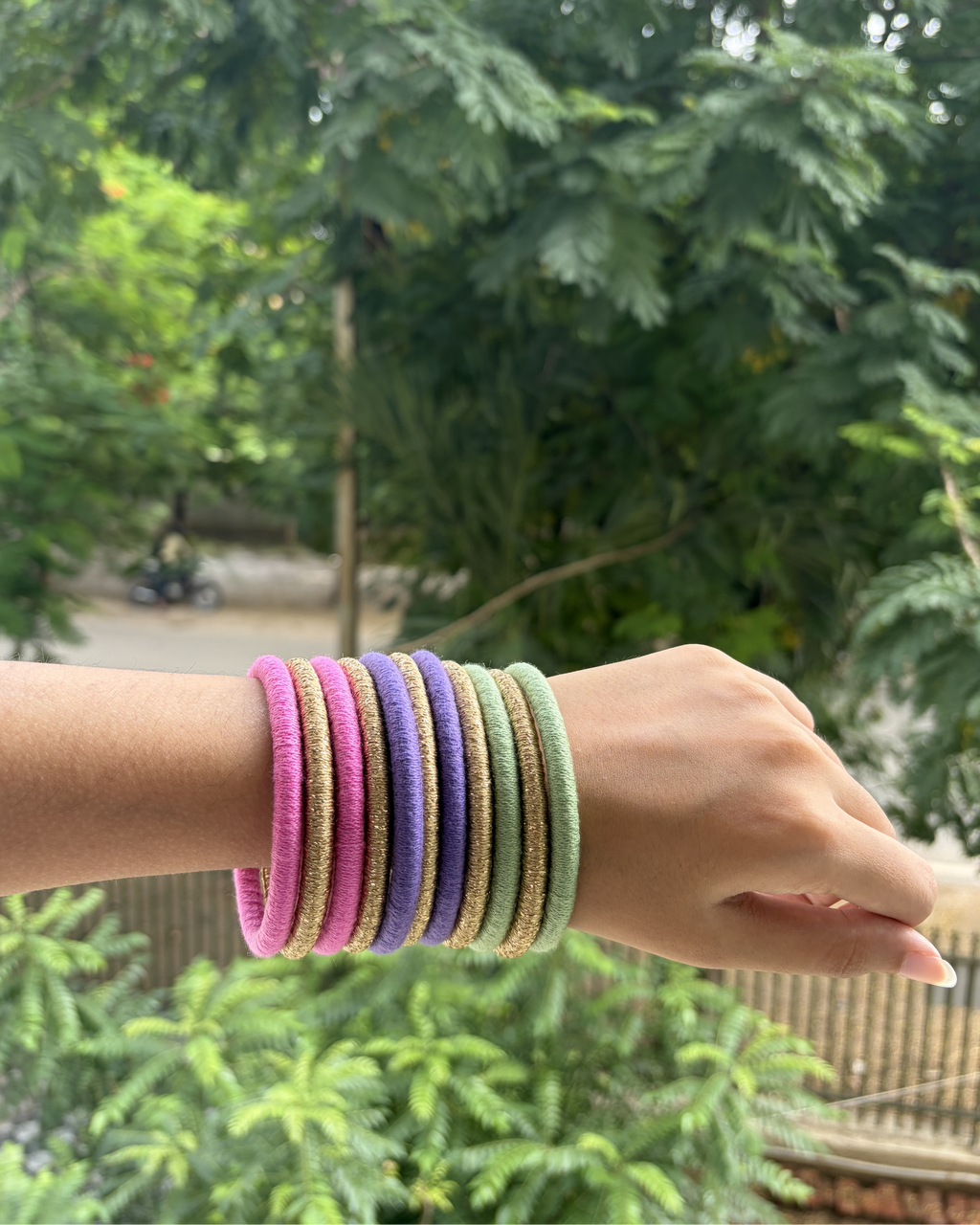 Rangbahaar Pastel & Gold Cotton Thread Bangles