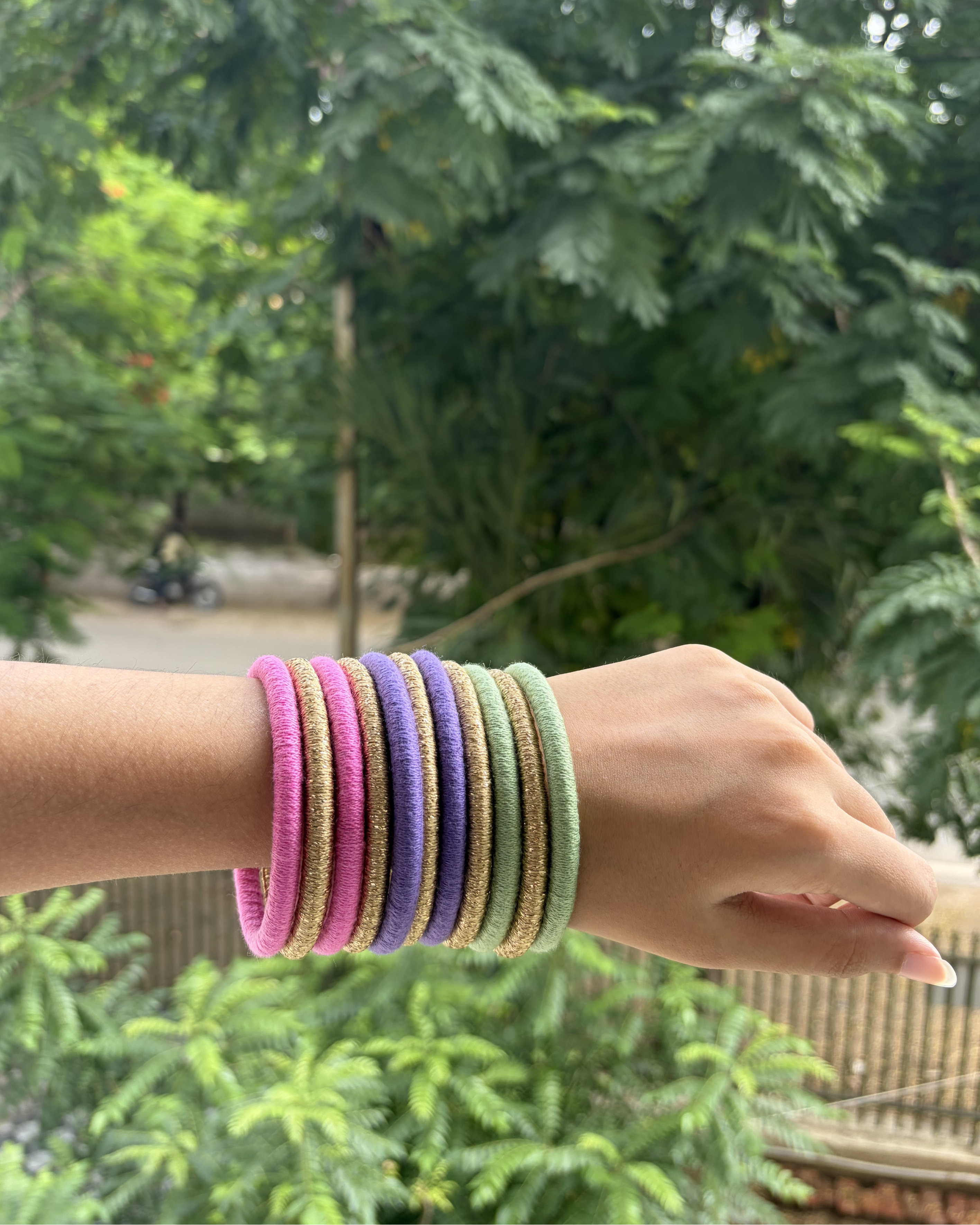 Rangbahaar Pastel & Gold Cotton Thread Bangles