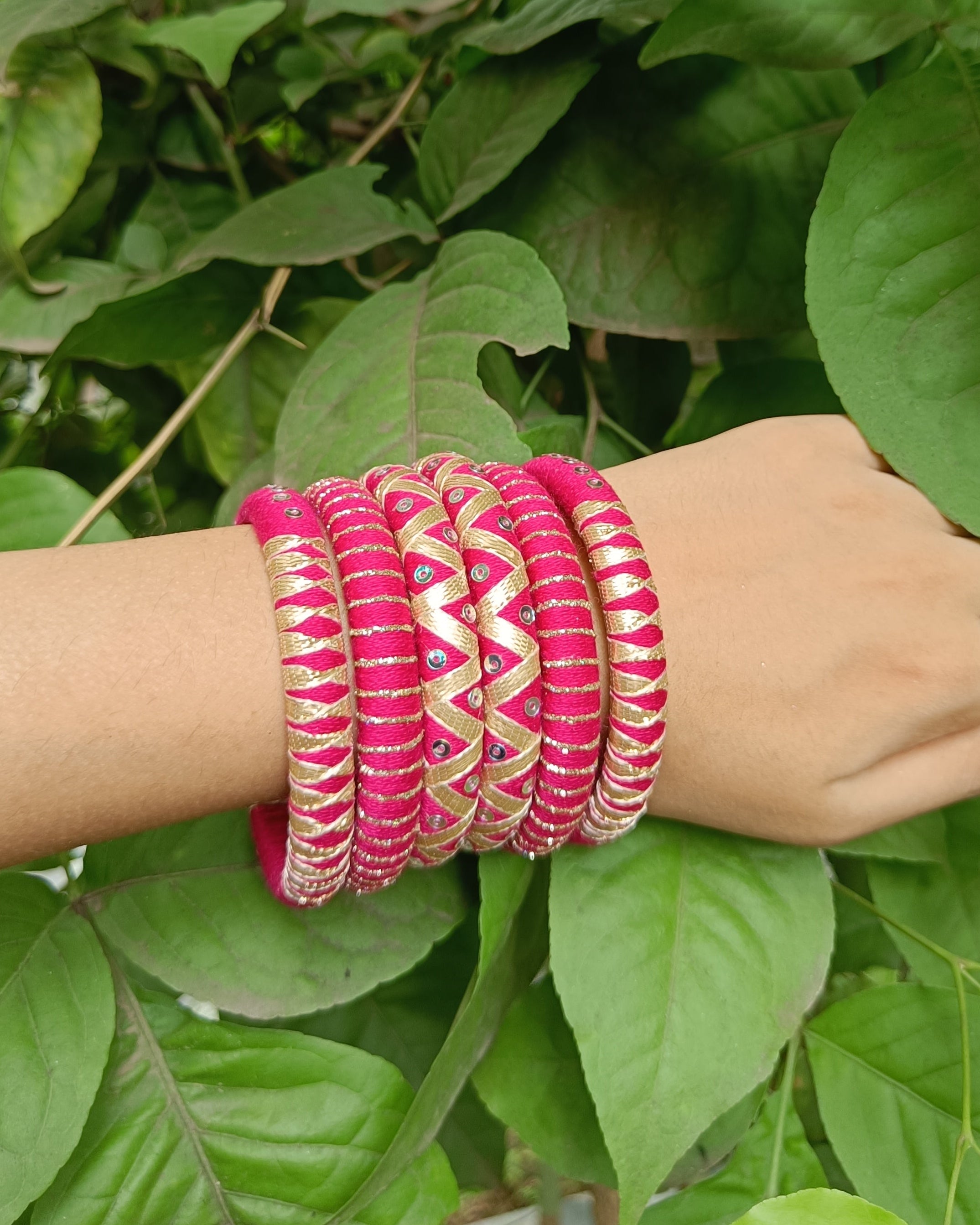 Pink Blossom Handmade Cotton Thread Bangle Set for Women | Pink & Gold Bangles