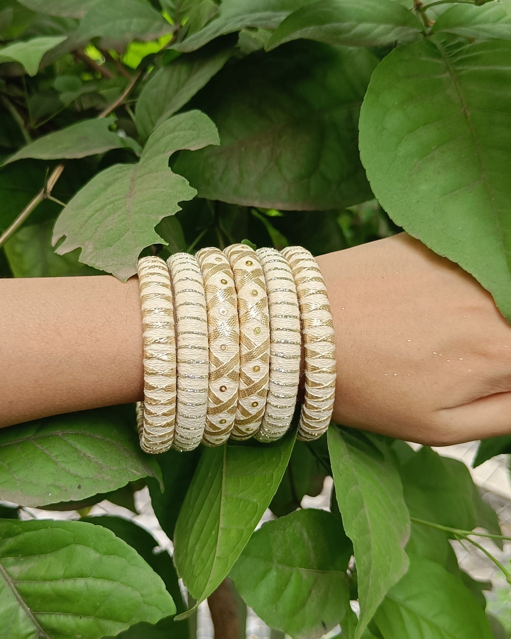Ivory Elegance Handmade Cotton Thread Bangle Set for Women | Beige & Gold Bridal Bangles