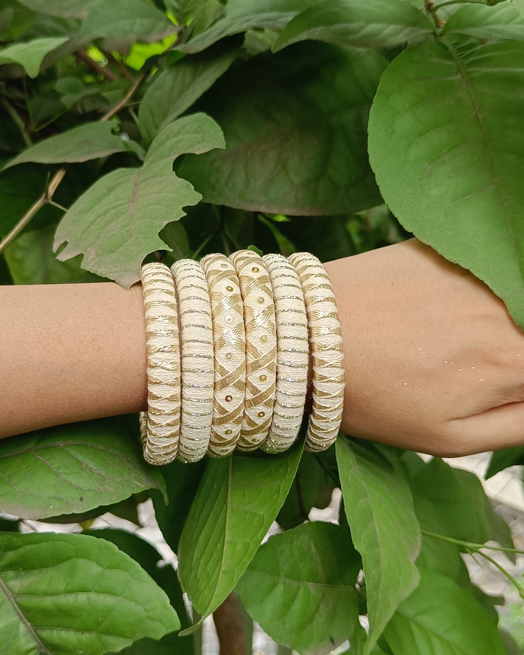 Ivory Elegance Handmade Cotton Thread Bangle Set for Women | Beige & Gold Bridal Bangles