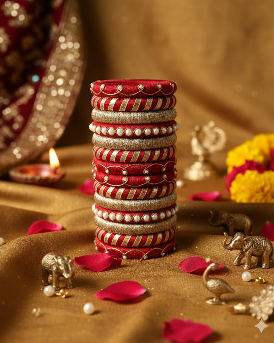 Stack of red and gold bangles on a decorative setting with elephants and flowers.