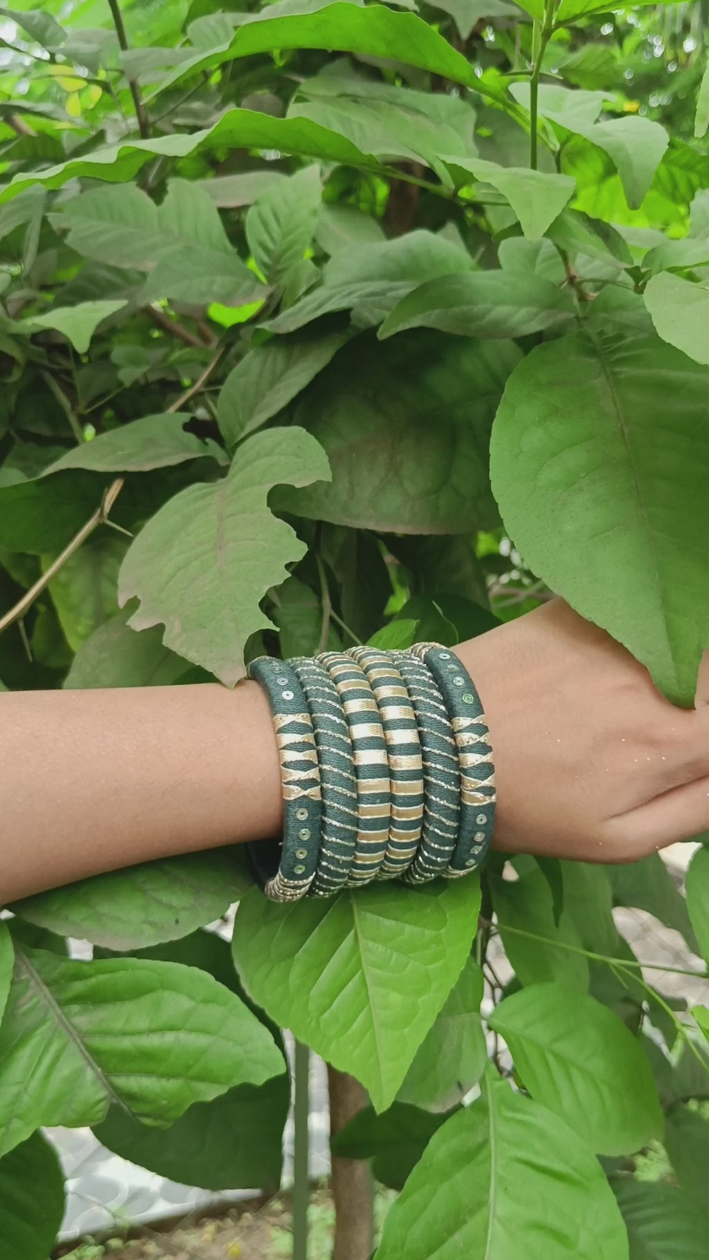 Forest Grace Handmade Cotton Thread Bangle Set for Women | Dark Green & Gold Bangles
