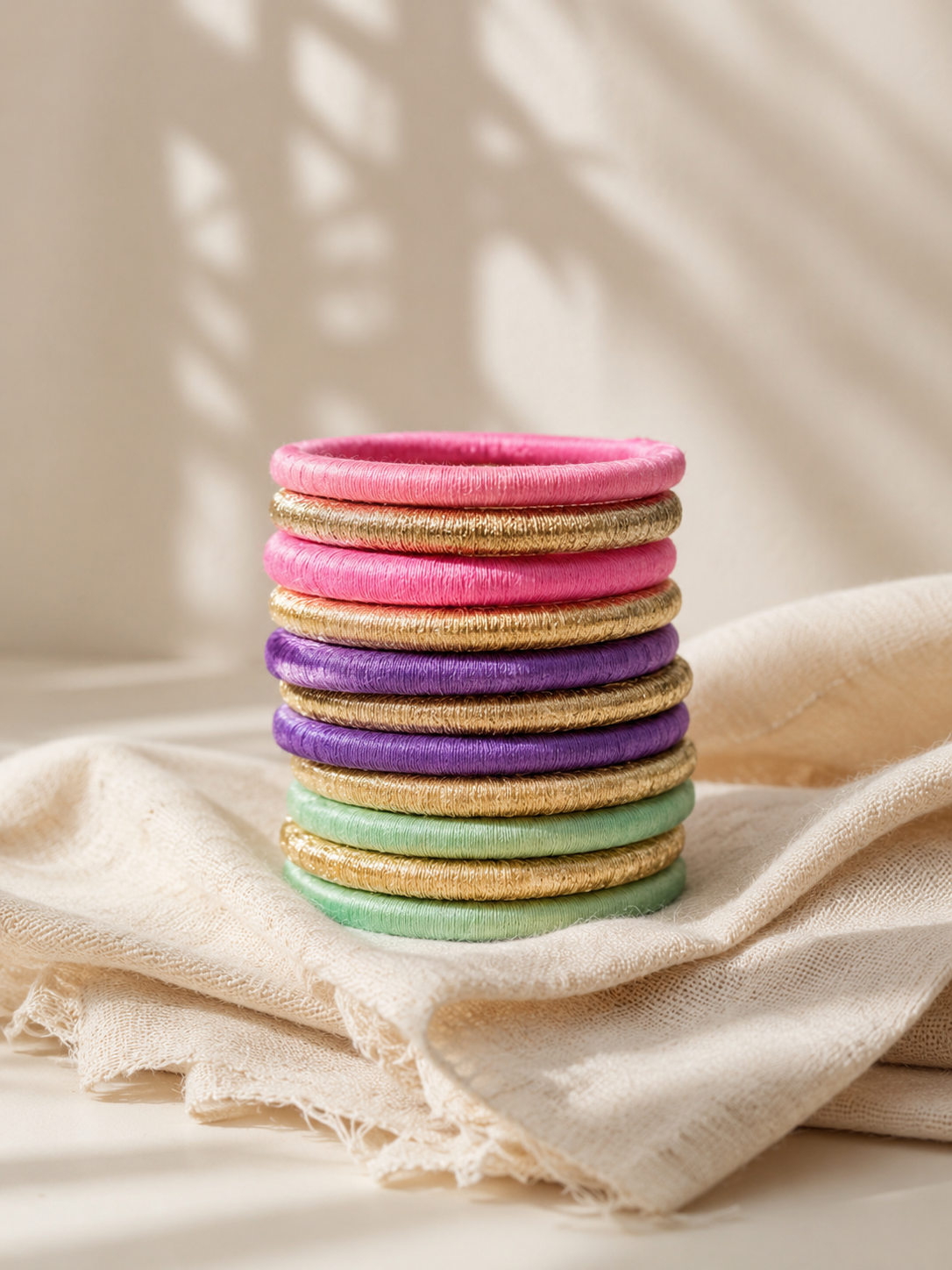 Rangbahaar Pastel & Gold Cotton Thread Bangles